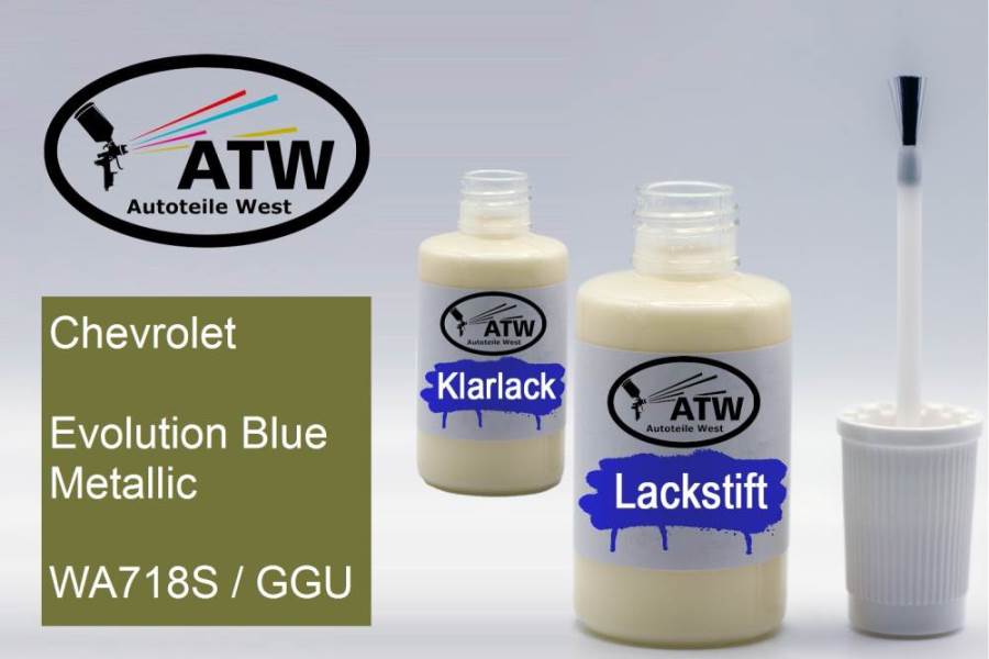 Chevrolet, Evolution Blue Metallic, WA718S / GGU: 20ml Lackstift + 20ml Klarlack - Set, von ATW Autoteile West.